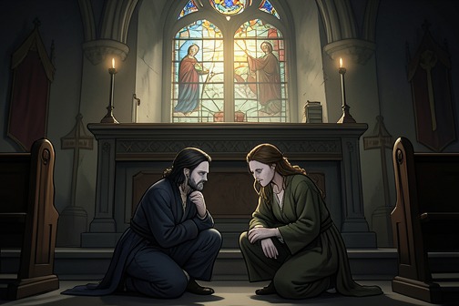 莱斯特与加布里埃尔躲入教堂墓穴并冲出祭坛 from "The Vampire Lestat". Lestat and Gabrielle’s retreat into a church crypt and their escape through the congregation is a reversal in which sacred space offers temporary shelter but…