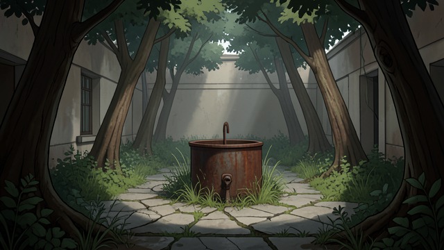 拉比埃尔巴兹巷边的宅邸,《《犹大》》中的场景。边缘处的宅邸 门槛 宅邸位于拉比埃尔巴兹巷尽头,地势低于街面,面朝荒废的田野。 印象 封闭的庭院、茂密的树木和古老的蓄水池,使这里仿佛远离寻常的城市生活。 这一环境预示着宅中人的内向,以及他们与外部世界的隔绝。