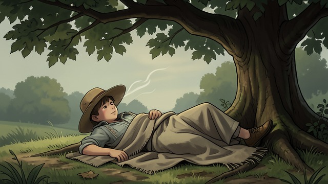 树与男孩共同度过的童年,《爱心树》中的场景。宁静的休息 男孩累了时,会在树荫下睡觉。他们的陪伴既有活力十足的玩耍,也有休息。 遮蔽与安逸 树荫让男孩可以停下来歇息,不必再向树索取任何东西。 温和的平衡 在这个阶段,给予与接受仍融于共同度过的时光之中;直到后来男孩提出的请求,让这种交换变得更加重要。