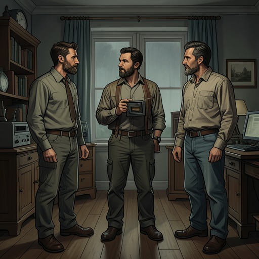 Three Friends Against the Plan from "Foucault's Pendulum". The shifting relationship among Casaubon, Belbo, and Diotallevi lets each man contribute to the Plan while responding differently to its dangers.
