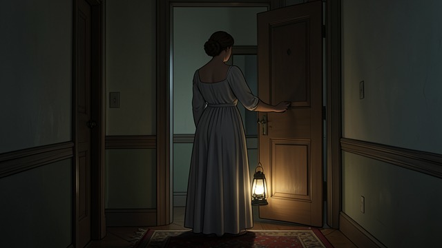 弗洛拉彻夜守望,《螺丝在拧紧》中的场景。暗中观察 悄然离开 家庭教师没有惊动弗洛拉,便离开卧室,在走廊里倾听。 艰难的抉择 她考虑进入迈尔斯的房间,却担心在尚未掌握证据之前,就用一个令人恐惧的解释吓到男孩。 她的决定保守了秘密,却也让夜间发生的事情在她无法直接掌控的情况下继续发展。