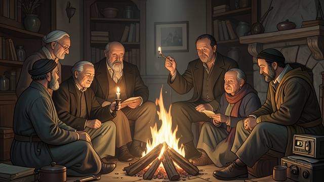 手稿与框架故事,《螺丝在拧紧》中的场景。火炉边的故事 先前的幽灵故事 一群人听过一个故事,其中一个孩子先遭遇幽灵显现,随后孩子的母亲也遭遇了幽灵。 道格拉斯的提议 道格拉斯提出一个更可怕的案例,涉及两个孩子,将听众的注意力引向一段只有他听过的叙述。 这个框架引导听众期待一个幽灵故事,同时强调儿童令人不安的脆弱处境。