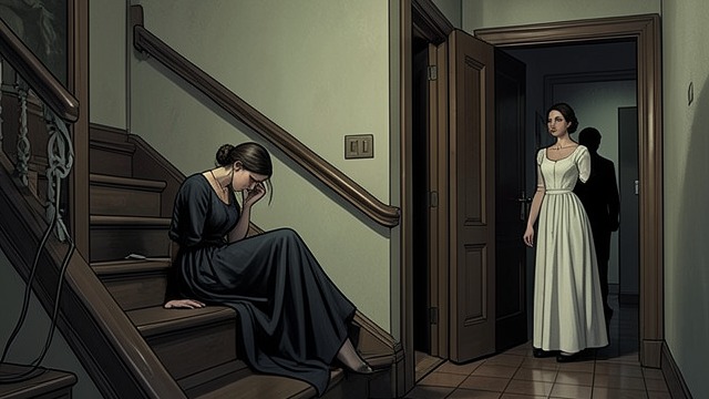 The Figure on the Stair from "The Turn of the Screw". A Silent Woman Below A Fleeting Shape The Governess glimpses a woman seated on the staircase, bent forward in grief.