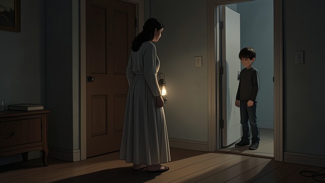弗洛拉夜间望向窗外,迈尔斯被发现独自在草地上,《螺丝在拧紧》中的场景。被带回屋里的男孩 一路无言 家庭教师一言不发地把迈尔斯带回房间,心里琢磨着他会如何解释自己为何在外面。 自信的说法 迈尔斯说,他出去是为了让家庭教师以为他是个坏孩子,并声称自己安排了弗洛拉在窗边守望。 他的说法听起来既顽皮又镇定,让家庭教师无法确定这是否解释了她所目睹的一切。