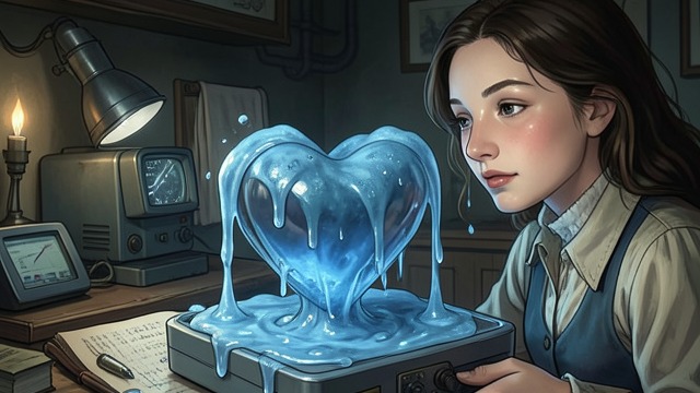The Slush Heart from "Cœur de slush". A Feeling That Melts Love held in an image Billie Fay imagines Pierre Forêt’s heart as blue slush, melting while it chills her.