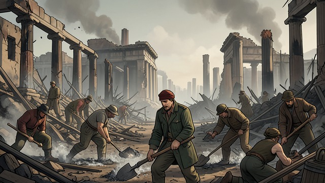 Clearing the Ruins from "Quo Vadis". Clearing the Ruins A vast damaged area The fire leaves burned districts, broken buildings, and displaced residents across much of Rome.