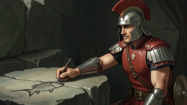 A Sign at the Prison from "Quo Vadis". A Sign at the Prison A guard reveals allegiance A Praetorian secretly traces the fish on stone and admits that he too worships Christ.