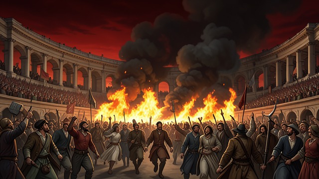 Fire on the Hills from "Quo Vadis". Fire on the Hills A catastrophe unfolds Flames spread from the Circus Maximus into densely built neighborhoods, filling the sky with smoke and fire.