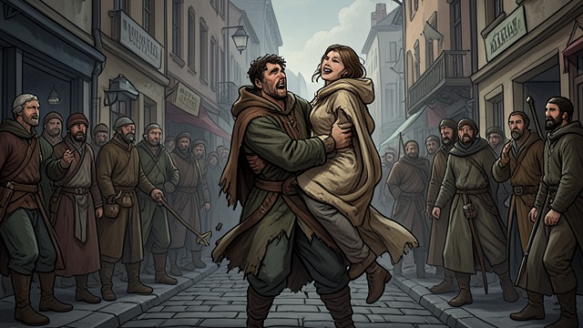 A Rescue in the Night from "Quo Vadis". A Rescue in the Night The guardian acts When Vinicius tries to force Lygia, Ursus carries her away from the feast and through the confused streets.