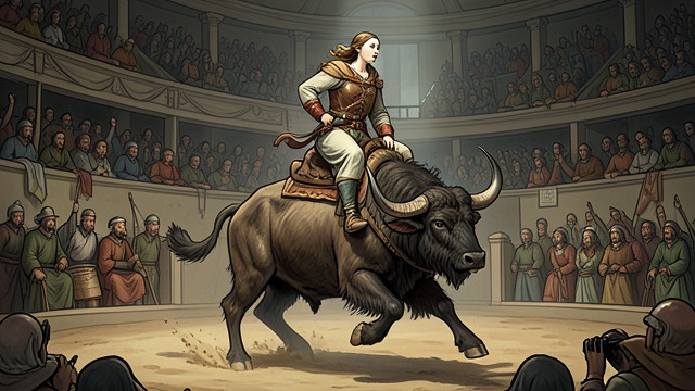 Lygia on the Aurochs from "Quo Vadis". Lygia on the Aurochs The designed cruelty revealed A German aurochs rushes into the arena carrying Lygia on its horns. Vinicius believes she is about to die.
