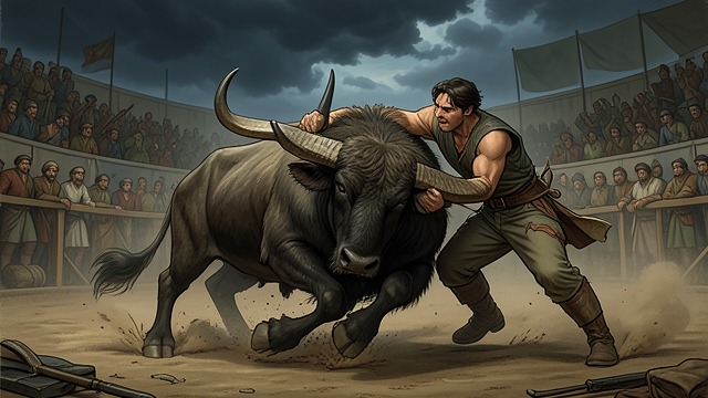 The Bull Is Defeated from "Quo Vadis". The Bull Is Defeated Strength becomes rescue Ursus seizes the aurochs by its horns, endures the struggle, and kills it with a twisting effort.