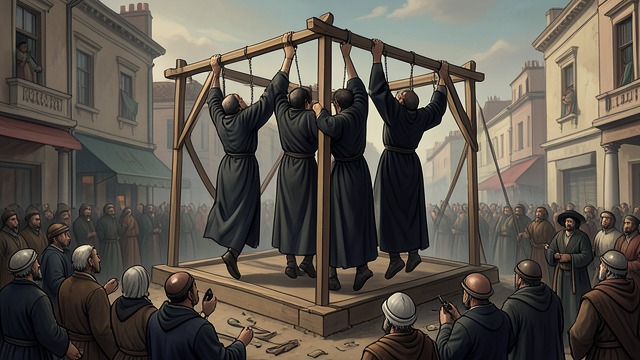 Executions at Tyburn from "Wolf Hall". A Public Warning The penalties enforced Several London Charterhouse monks are executed after refusing the required oaths.