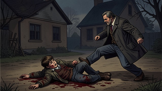 Beaten in the Yard from "Wolf Hall". A Childhood Under Threat The assault Walter Cromwell knocks his son down and kicks him across the yard.