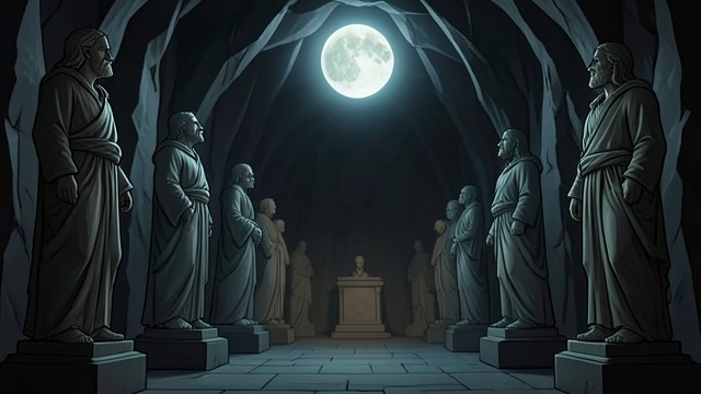 月光下的大厅,《皮拉内西》中的场景。无用之美 面朝月亮的人群 在昏暗的大厅里,皮拉内西看见雕像排列成一群面朝月亮、宛如活人的人群。这一幕让他短暂地想象出一个有数千人生活的世界。 目的改变 这一景象使房屋本身具有价值,而不再是一道价值取决于隐藏奖品的谜题。皮拉内西开始质疑他者对权力的追寻。