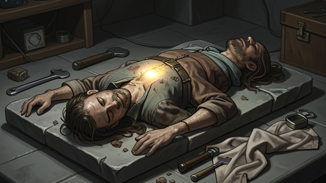 皮拉内西与死者,《皮拉内西》中的场景。背叛之后的照料 发现尸体 皮拉内西发现瓦伦丁·凯特利伤痕累累的遗体,小心地将遗体安放好。他轻声对遗体说话,承诺它受损的状况只是暂时的。 超越宽恕的准则 他没有为他者的欺骗开脱,但也没有拒绝给予他每个死者都应得到的照料。他的慈悲经受住了愤怒,却没有抹去伤害。