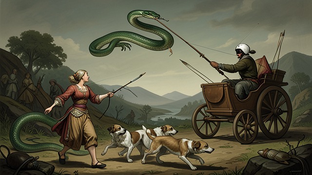 Coordinated Victory from "Artemis". Two Archers, One Enemy Different Positions Artemis pursues Python on the ground with her hounds while Apollo fires from above.