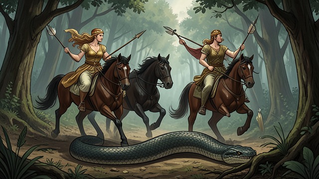 The Twins Kill Python from "Artemis". Retaliation for Leto Artemis Acts Artemis and Apollo hunt down the creature Hera used against their mother.