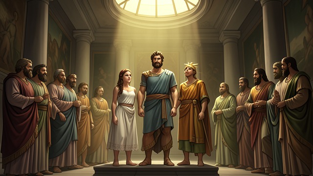 The Twins Acknowledged from "Artemis". A Public Father Invitation to Olympus Zeus brings Artemis and Apollo to Olympus and welcomes them before the assembled gods.