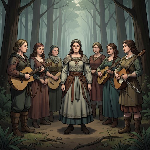 The Retinue of Artemis from "Artemis". This thread traces how Artemis gathers a community of singers, huntresses, and servants around her independent life.