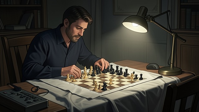 记谱化为一个世界,《象棋的故事》中的场景。让符号变得可以对弈 学习这套代码 B博士解读收录150场大师对局的棋谱集中的记谱,并把床罩当作临时棋盘。经过耐心还原,这些符号逐渐有了意义。 以结构对抗空虚 当其他一切活动都被剥夺时,规则为他的注意力提供了一项可靠的任务。没有实体棋子的对局,成了他暂时恢复秩序的方式。
