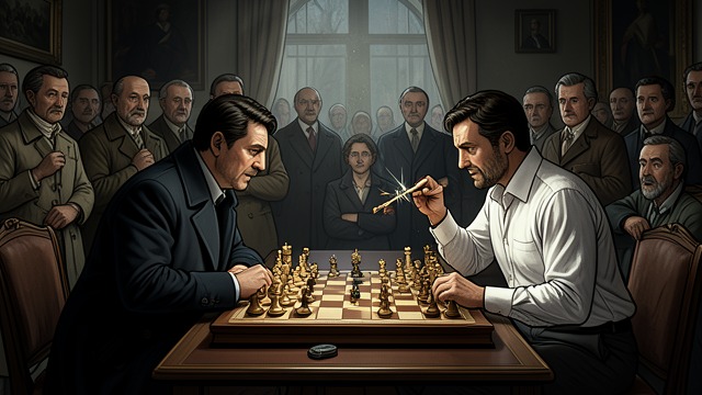平局让位于对决,《象棋的故事》中的场景。合作结束 新的挑战 麦康纳坚持要B博士亲自与冠军对弈。众人共同进行的棋局变成了个人之间的直接较量。 人性的利害浮现 这一变化为观众带来了更具戏剧性的比赛,却也使B博士失去了团体参与所提供的保护。他鲜为人知的私人经历,将决定真正的后果。