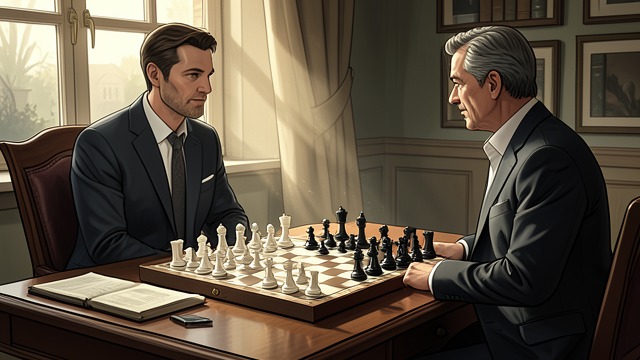 缓慢对弈作为武器,《象棋的故事》中的场景。接受挑战 沉着对弈 B博士看似轻松地进行第一场直接对局,预判对手的行动,并始终保持放松。最终,米尔科·岑托维奇认输,以免遭受必败的结局。 信心高涨 这场胜利令B博士和观众群情振奋。它也开启了一场新的较量,在这场较量中,冠军不仅能通过棋艺应对,还能掌控比赛的条件。