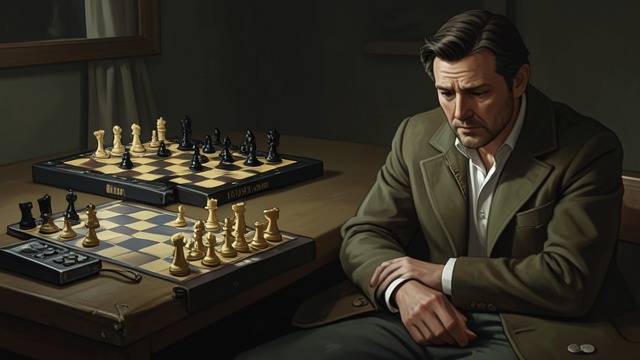 维系秩序的规则,《象棋的故事》中的场景。现实开始模糊 两种局面彼此冲撞 B博士回应了一个并不存在的棋盘局面,坚持认为棋子摆错了。他想象中的对局取代了真实的比赛。 规则无法约束他 当一名棋手的心智不再与对手共享同一张棋盘时,国际象棋的规则体系无法保护他。这一错误让严谨对弈与妄想之间的界限显现出来。