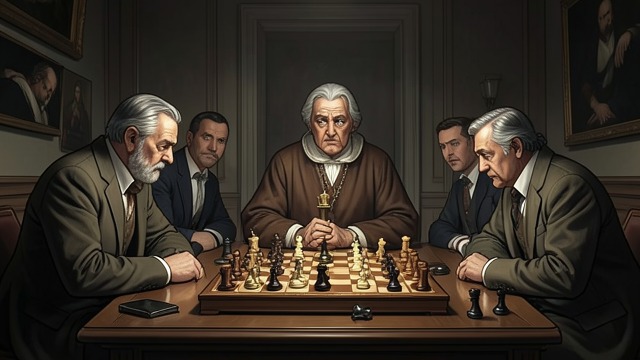 王后的挑战,《象棋的故事》中的场景。一步棋宣告胜利 自信的宣言 B博士推进王后,并宣称棋局已经结束。旁观者看不出其中的威胁,但他的笃定让众人屏息等待米尔科·岑托维奇回应。 施压对手 棋步的后果尚未明朗,便已改变了房间里的局势。它既是一步棋术,也是在挑战这位冠军的镇定。