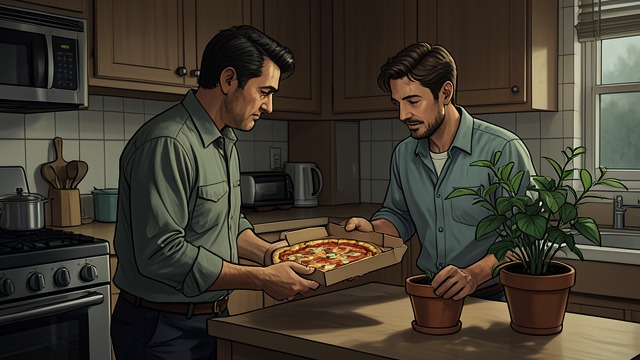 Gifts Across One Week from "The Five Love Languages". A New Pattern Begins Thought made visible Jim brings home pizza, a potted plant, a card, and small treats for the family.