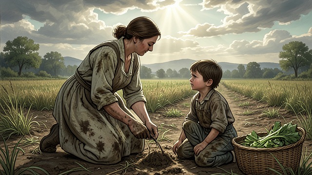 Work and Motherhood from "Serve the People!". Rural Responsibilities Labor at home While Wu Dawang serves away, Zhao Ezi works the fields and cares for their son.