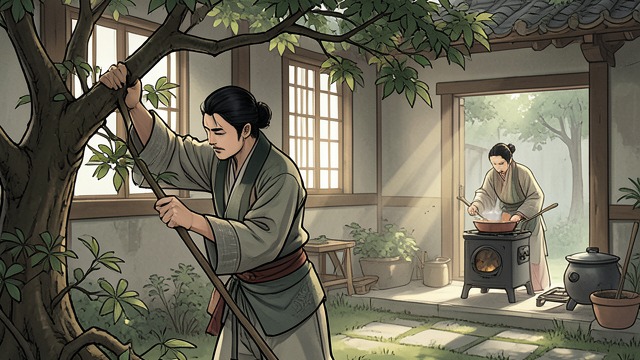 The Public Facade from "Serve the People!". Lovers at Work Familiar tasks continue Wu Dawang tends the garden and serves meals, while Liu Lian sometimes cooks for him.