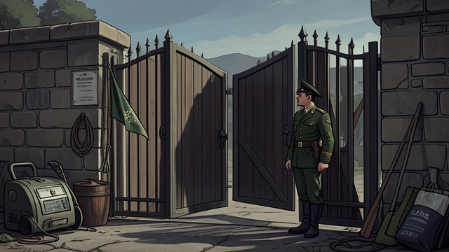 The Gate of Rank from "Serve the People!". Status Still Visible A grand entrance Wu Dawang arrives at a monumental provincial military compound and waits outside Liu Lian’s household.