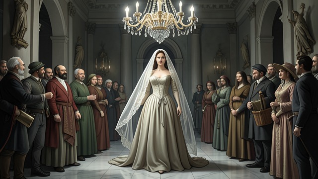A daughter’s wedding veil from "The Florios of Sicily". A daughter’s wedding veil A lavish celebration Angelina Florio marries Luigi De Pace wearing a long lace veil commissioned by her father.