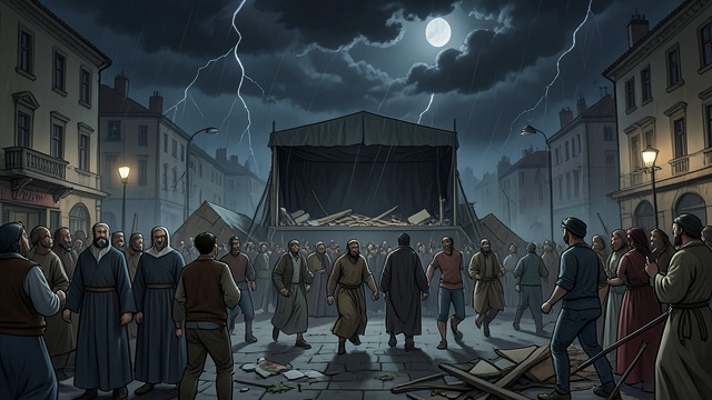 A Street Fight from "Needful Things". A Street Fight Crowds converge Baptists and Catholics meet in the storm and attack one another.