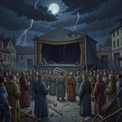 The Religious Dispute Becomes a Riot from "Needful Things". This flow reframes the Casino Nite conflict as a progression from disagreement, through engineered provocations, to mass violence and partial recovery.