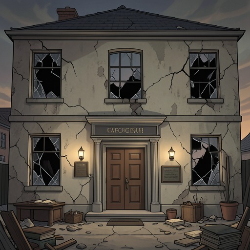 The Exploding Civic Order from "Needful Things". This flow follows Castle Rock’s civic institutions from ordinary local governance through sabotage and explosive collapse.