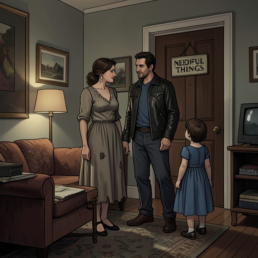 The Rusk Family Under Gaunt’s Influence from "Needful Things". This flow traces how Gaunt’s bargains infiltrate Cora, Brian, and Sean’s family life, ending in a child’s warning and an irreversible loss.