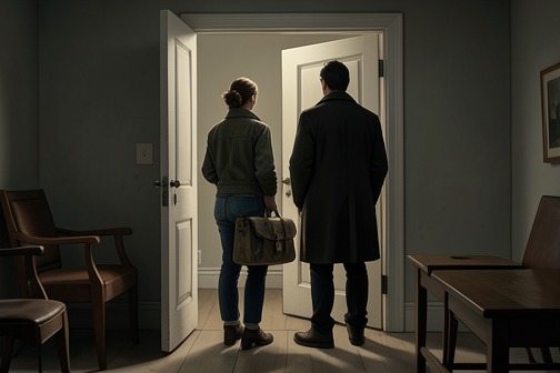 西尔维娅离开帕特里克 from "Dark Lies the Island". Silvija’s departure from Patrick is a quiet, decisive break: she packs the holdall that has travelled with her, leaves their shared studio, and tells him that…