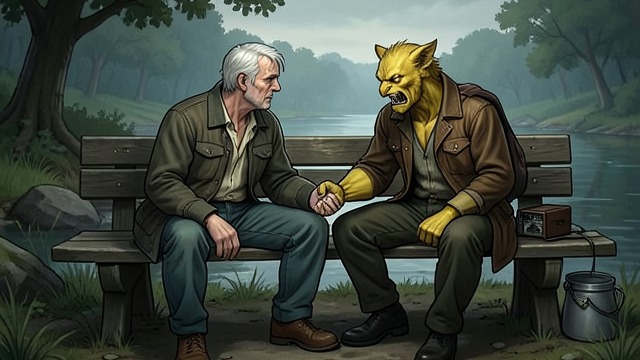 The Hyena on the Bench from "Dark Lies the Island". A Stranger Takes Control The encounter begins A pale-eyed stranger sits beside Donie and turns conversation into mockery.