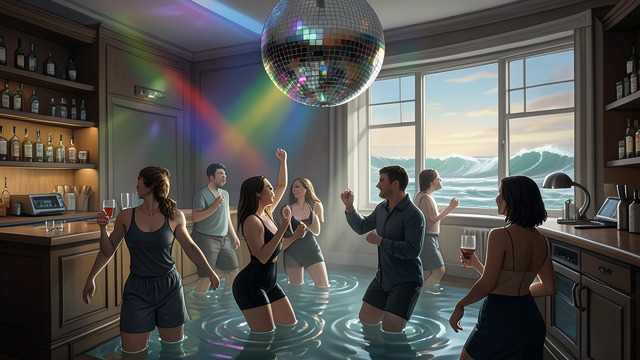Acceptance on the Dance Floor from "Dark Lies the Island". A Disco Above the Water Finding a temporary community Caoimhin moves everyone upstairs to the function room, opens its bar, and switches on the disco lights.