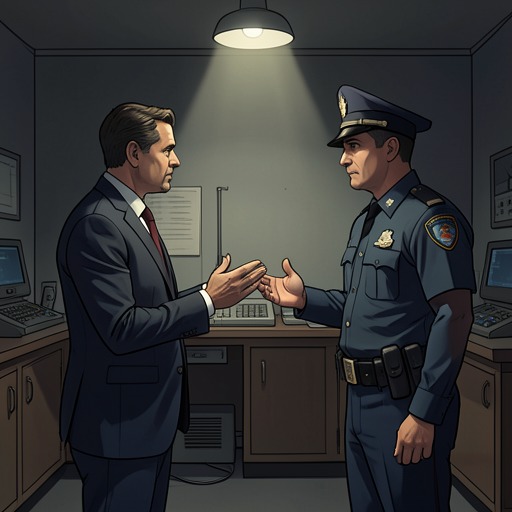 Spade Against Dundy from "The Maltese Falcon". Sam Spade and Lieutenant Dundy contest authority, evidence, and control of the murder case from the first interview to the final arrests.