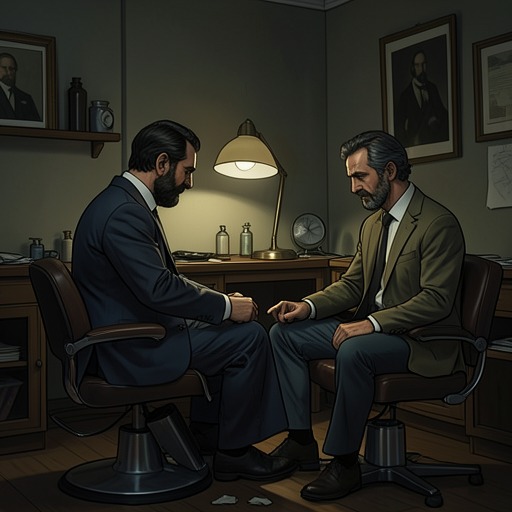 Barber and Customer from "The Nose". This flow traces the uneasy professional familiarity between Ivan Yakovlevitch and Kovaloff as trust gives way to suspicion and then cautious contact.
