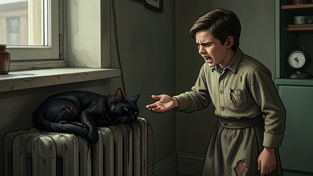 朱尼尔、佩科拉与杰拉尔丁的家,《最蓝的眼睛》中的场景。黑猫之死 对猫的争夺 佩科拉尖叫着让朱尼尔住手,并伸手去抓那只挥舞着猫的手。他们扭打着一起跌倒,朱尼尔在动作中松开了猫。 猫撞上窗户,落在沙发后面的暖气片上。它抽搐了几下,便不再动弹;毛皮上那一小片烧焦的痕迹,标志着这场孩子间的争斗已演变成致命暴力,造成了无法挽回的后果。