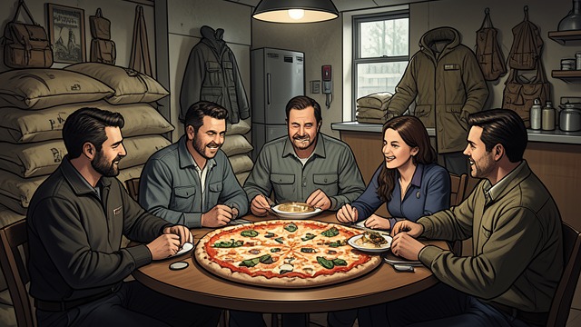 A Meal After the Flood from "Big Brother". Food in Community Pizza after labor After a day of exhausting volunteer work, Edison eats pizza with the people who have been filling sandbags.