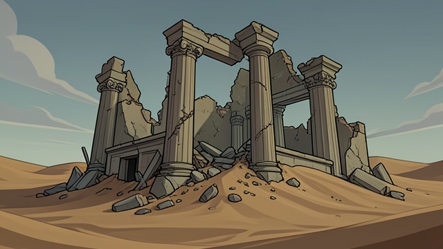 Ruined Foundations from "Ozymandias". Ruined Foundations A city beneath sand The teams find stretches of foundations and weathered structural remnants, suggesting a once extensive settlement.