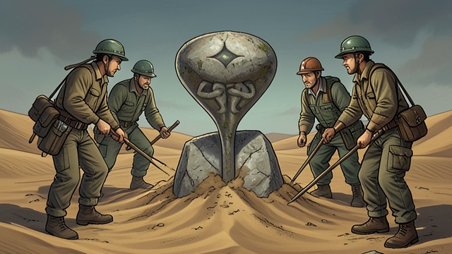 三支野外考察队,《奥西曼迪亚斯》中的场景。三支队伍齐聚发现现场 共同的相遇 三支队伍抵达利奥波德博士所在之处,看见奥兹曼迪亚斯半埋在沙中,直立在那里。 众人瞩目 他们各自的搜寻如今都汇聚到同一件物体上,它或许保存着他们任何人都无法发掘出的历史。