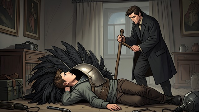 Crushed by the Helmet from "The Castle of Otranto". Crushed by the Helmet An Impossible Death The household finds Conrad crushed beneath the enormous helmet, shaded by black feathers.