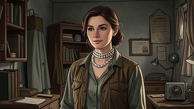 An Incongruous Ornament from "A Murder Is Announced". Pearls with a Purpose An Unexpected Detail The woman known as Letitia wears a large choker of false-looking pearls with practical country clothes.