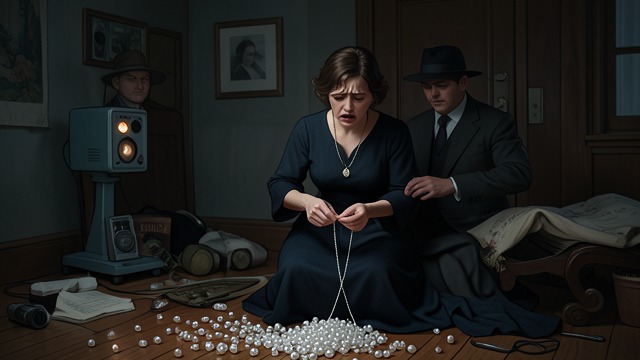 The Broken String from "A Murder Is Announced". Pearls Scatter A Sudden Gesture After Julia’s false identity is revealed, the apparent Letitia clutches her necklace and the string breaks.