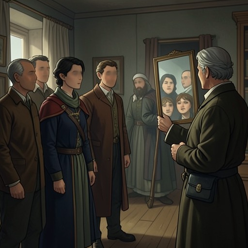The Identities Unravel from "A Murder Is Announced". Each false identity makes the next harder to recognize, until the household’s assumed family relationships collapse into multiple revelations.